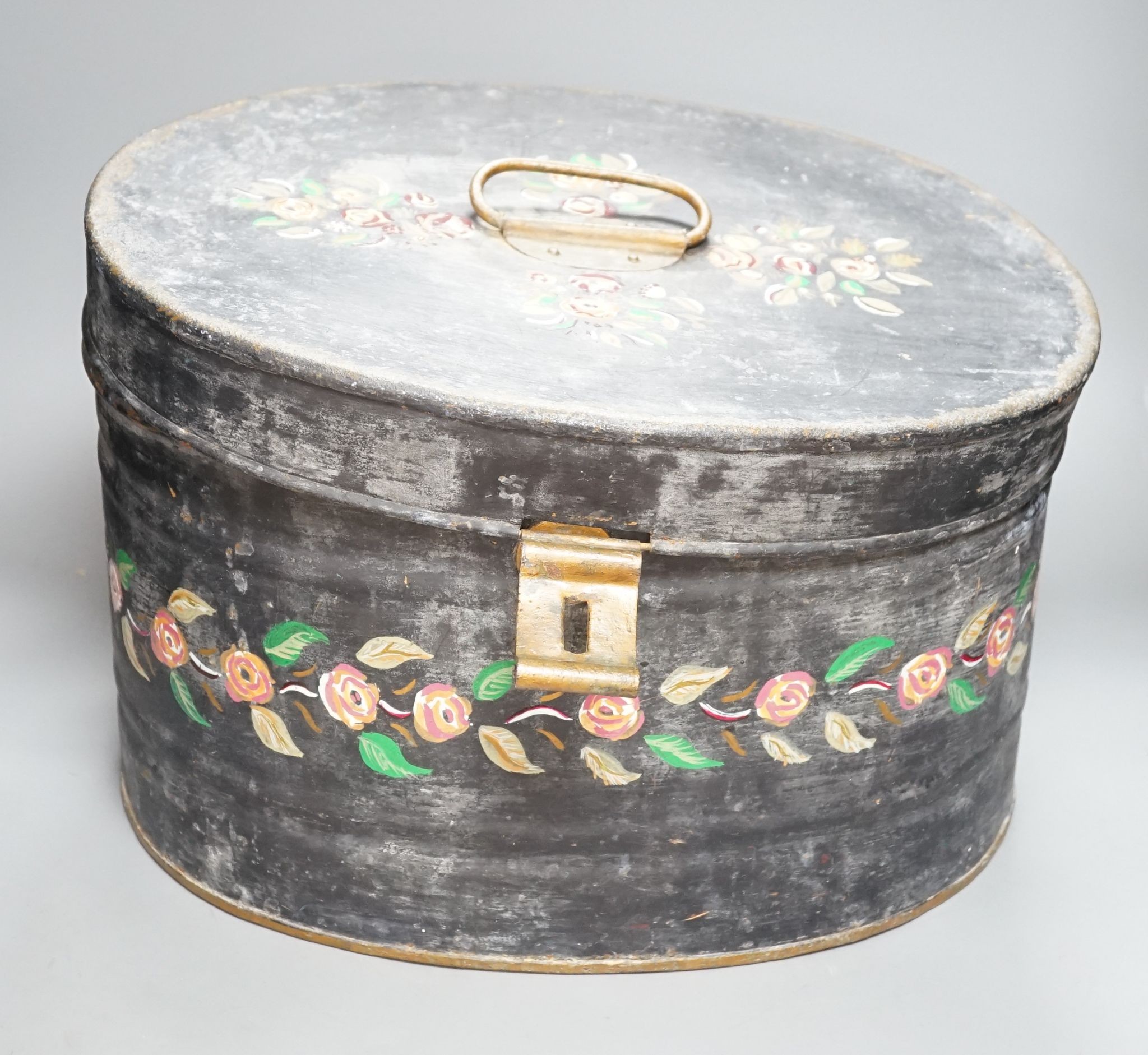 A painted toleware hat box, 44cm